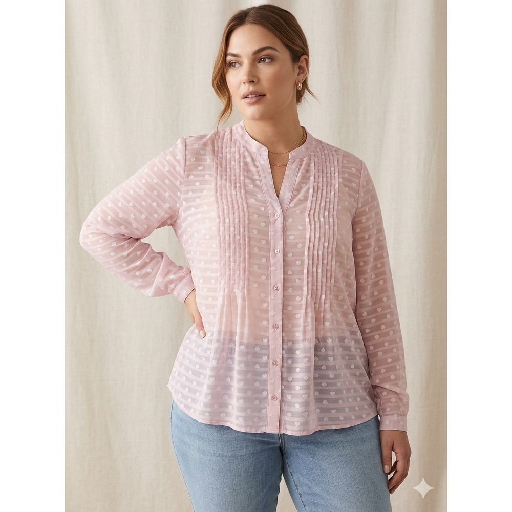 Soft Surroundings Pink Silk Blend Clip Dot Pintuck Button Front Blouse Large